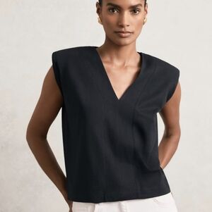 Reiss New Dixie Black Cotton Shoulder Pad V-Neck Jersey Knit Top, Size Large
